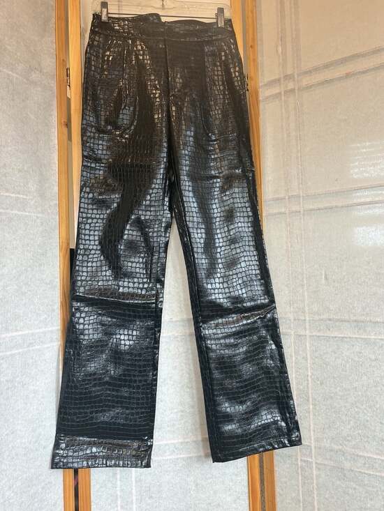 OW Valencia Pants - Faux Leather Vegan Crocodile Straight Leg Pants Black Small, Biker Rock Moto